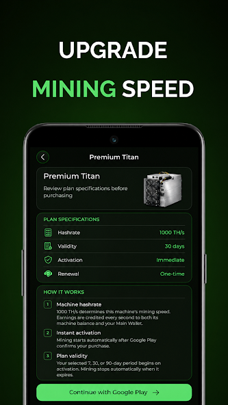 BitXFarm miner upgrade and plan details screen